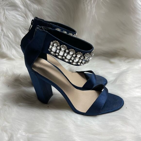 ASOS satin Navy blue Block heels ankle strap sandals with Rhinestones accent SZ7 - Picture 2 of 7